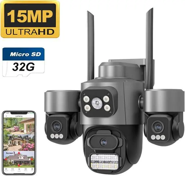 Alt view image 2 of 7 - 15MP 3-Screen WiFi Outdoor Security Camera, Auto Tracking Color Night Vision 2-Way Audio IP Surveillance Cam(UK Plug,15MP with 32G)