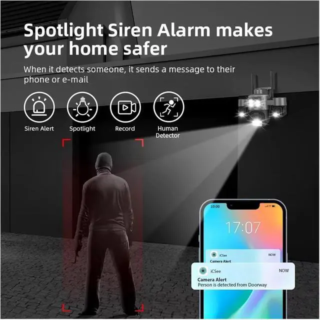 Alt view image 4 of 7 - 15MP 3-Screen WiFi Outdoor Security Camera, Auto Tracking Color Night Vision 2-Way Audio IP Surveillance Cam(UK Plug,15MP with 32G)