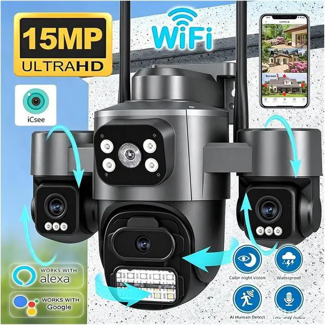 Alt view image 3 of 7 - 15MP 3-Screen WiFi Outdoor Security Camera, Auto Tracking Color Night Vision 2-Way Audio IP Surveillance Cam(UK Plug,15MP with 32G)