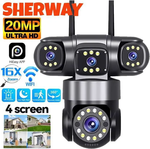 Alt view image 2 of 7 - 20MP 4-Lens WiFi PTZ Outdoor Security Camera, 4-Screen 360° 16X Zoom Wireless Home Surveillance Cam(US Plug,10K with 32G Card)