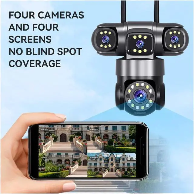 Alt view image 3 of 7 - 20MP 4-Lens WiFi PTZ Outdoor Security Camera, 4-Screen 360° 16X Zoom Wireless Home Surveillance Cam(US Plug,10K with 32G Card)