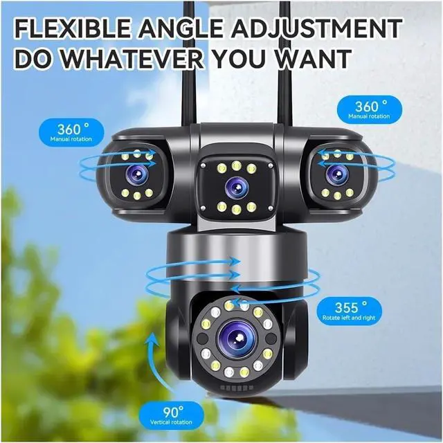 Alt view image 4 of 7 - 20MP 4-Lens WiFi PTZ Outdoor Security Camera, 4-Screen 360° 16X Zoom Wireless Home Surveillance Cam(US Plug,10K with 32G Card)