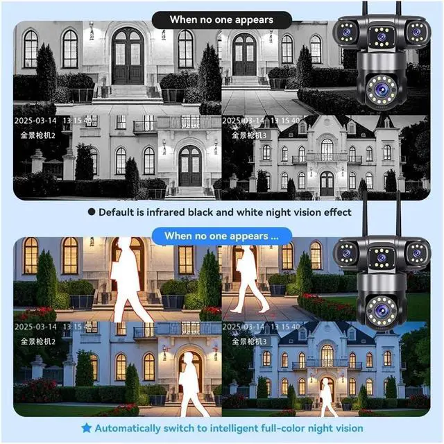 Alt view image 7 of 7 - 20MP 4-Lens WiFi PTZ Outdoor Security Camera, 4-Screen 360° 16X Zoom Wireless Home Surveillance Cam(US Plug,10K with 32G Card)