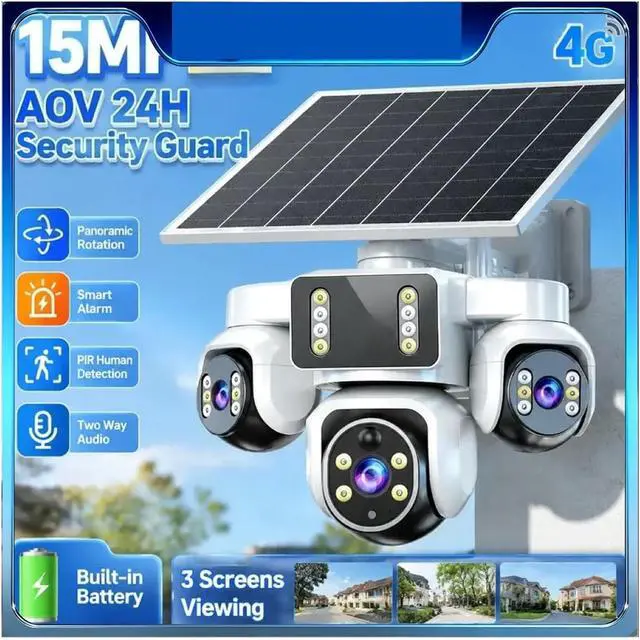 Alt view image 2 of 7 - 15MP 4G Solar Wire-Free Outdoor Security Camera, AOV Battery Powered with SIM Card(3 Screen Cam)