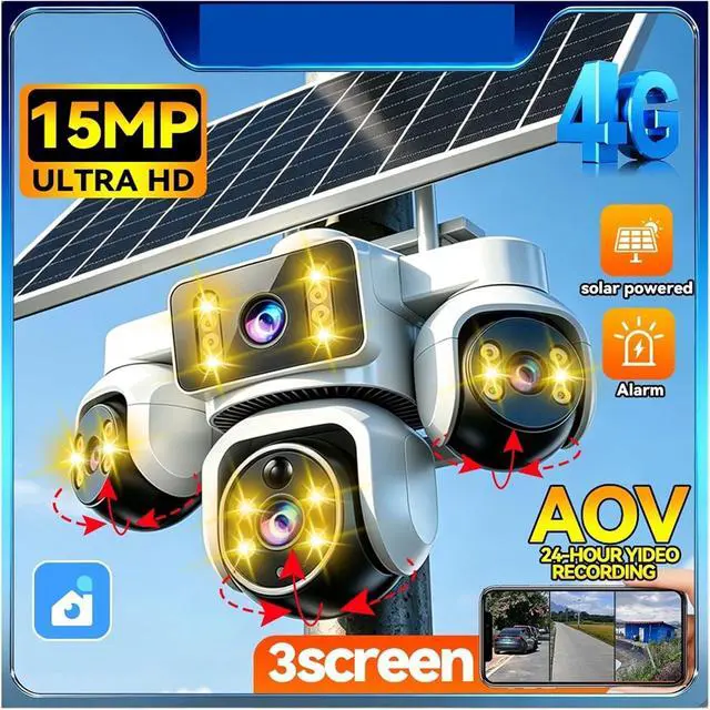Alt view image 2 of 7 - 15MP 4G Solar Wire-Free Outdoor Security Camera, AOV Battery Powered with SIM Card(3 Screen Cam 64G)