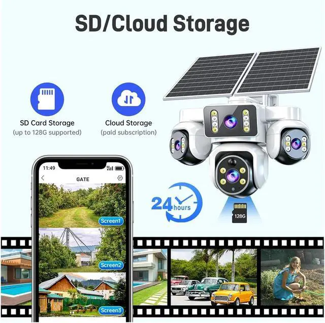 Alt view image 6 of 7 - 15MP 4G Solar Wire-Free Outdoor Security Camera, AOV Battery Powered with SIM Card(3 Screen Cam 64G)
