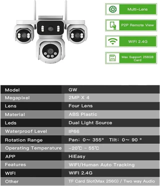 Alt view image 2 of 6 - 4-Lens WiFi Outdoor PTZ Security Camera, 2MP Panoramic Home Camera with 355° Rotation & Night Vision