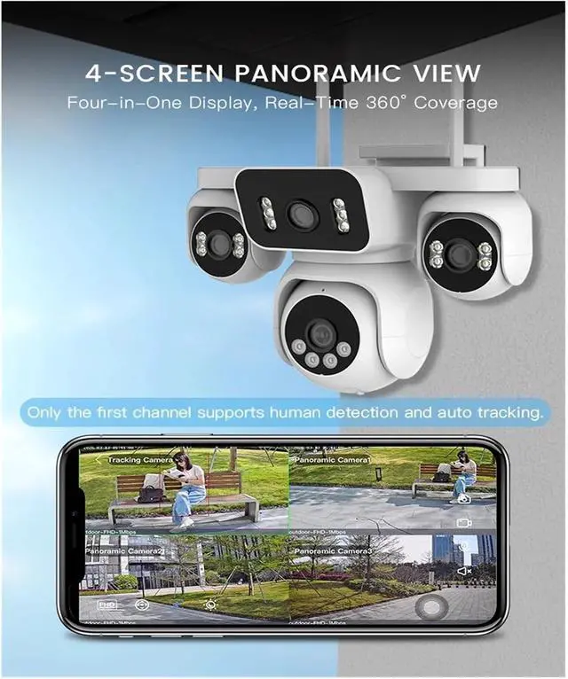 Alt view image 3 of 6 - 4-Lens WiFi Outdoor PTZ Security Camera, 2MP Panoramic Home Camera with 355° Rotation & Night Vision