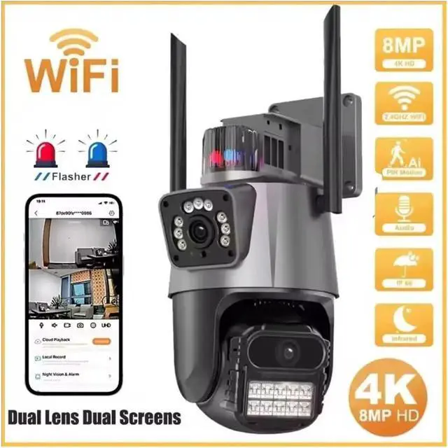Alt view image 6 of 7 - 8MP Dual-Lens PTZ Outdoor WiFi Security Cam, Dual-Screen Auto Tracking Waterproof IP Camera(US Plug)