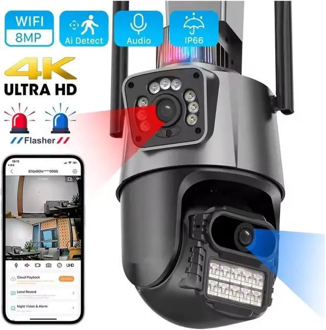 Alt view image 2 of 7 - 8MP Dual-Lens PTZ Outdoor WiFi Security Cam, Dual-Screen Auto Tracking Waterproof IP Camera(US Plug)