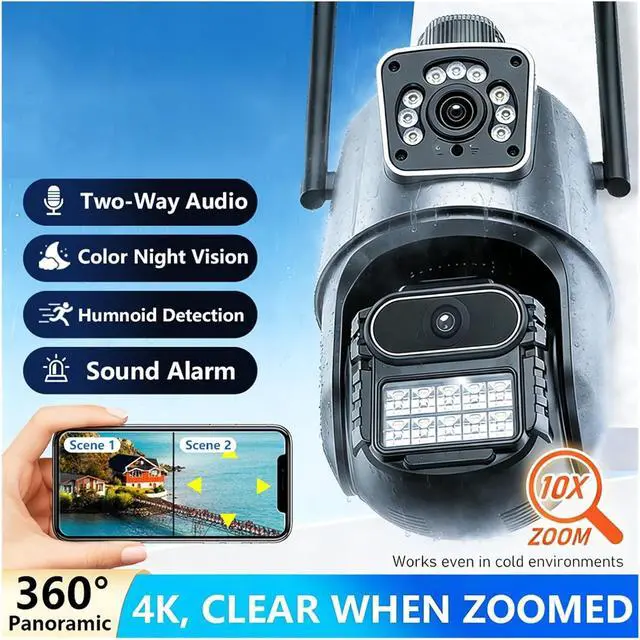 Alt view image 3 of 7 - 8MP Dual Screen WiFi PTZ Outdoor Security Camera, Color Night Vision V360Pro App Compatible IP Cam(UK Plug,3PCS 8MP NO Card)