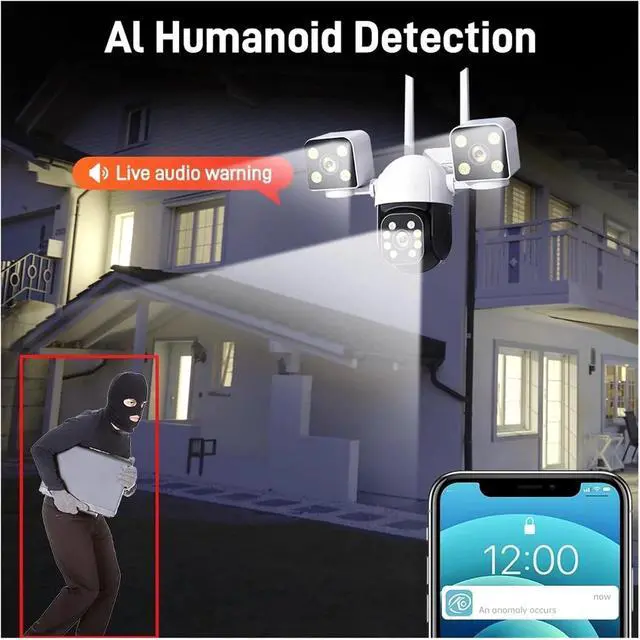 Alt view image 5 of 6 - 12MP 6K 3 Lens 3 Screens Waterproof CCTV Outdoor WiFi Phone Network Camera PTZ 360 Intelligent Cam Security Protection Cameras(US Plug_12MP Camera)