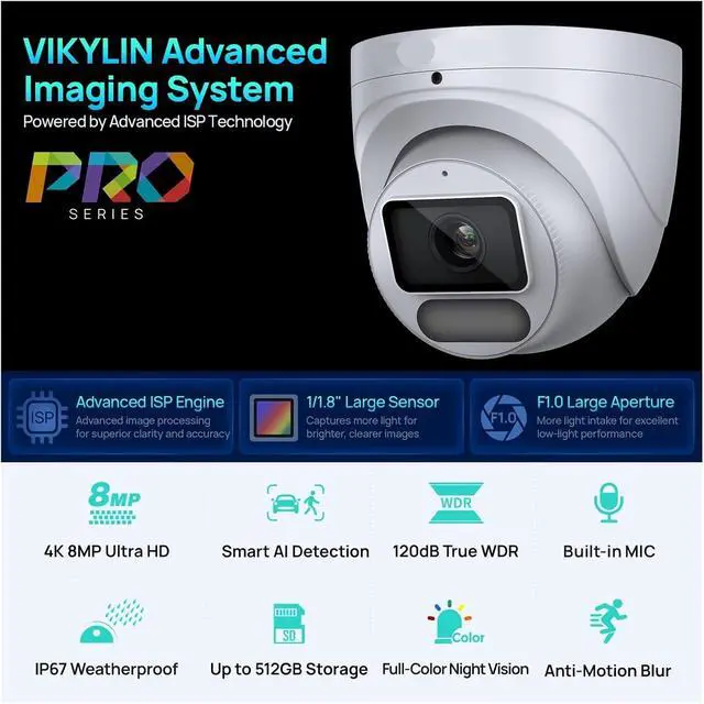 Alt view image 2 of 7 - 8MP 4K PoE IP Security Camera, Full Color Night Vision IP67 Outdoor Surveillance Cam with Human Vehicle Detection ONVIF