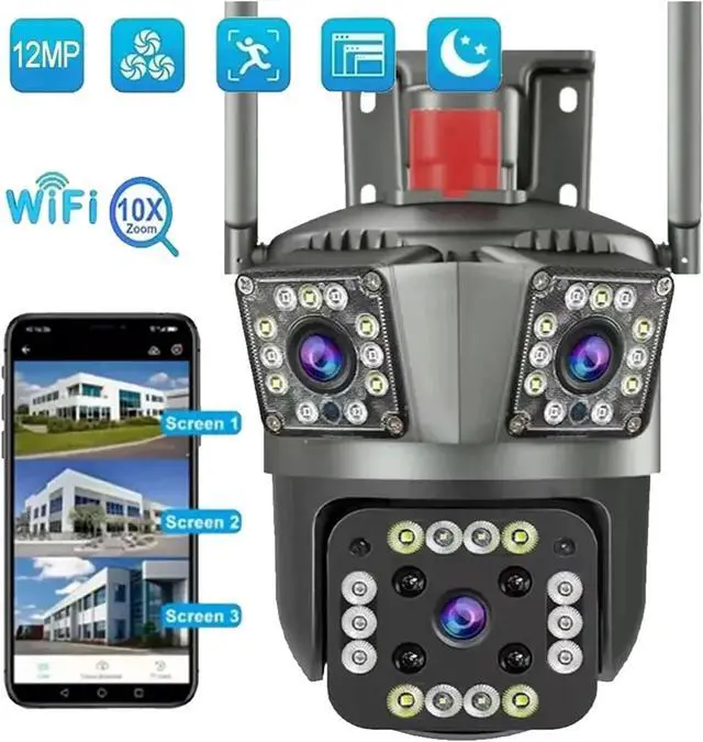 Alt view image 2 of 7 - 12MP Outdoor WiFi PTZ Security Camera, Three Lens 10X Zoom AI Auto Tracking Surveillance Camera(US Plug_SANJINGTOU)