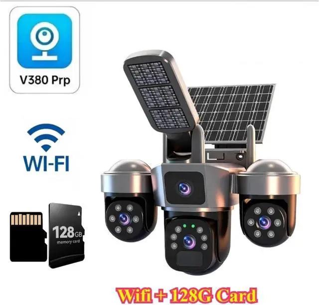 Alt view image 2 of 7 - Solar Powered PTZ Security Camera, 8K 15MP 3-Lens 3-Screen WiFi 4G Outdoor IP Cam with AI Tracking & Solar Light