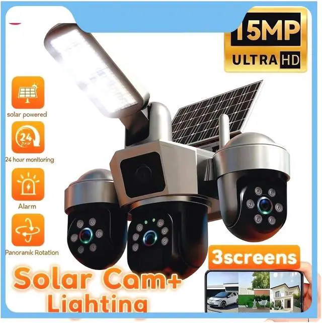 Alt view image 3 of 7 - Solar Powered PTZ Security Camera, 8K 15MP 3-Lens 3-Screen WiFi 4G Outdoor IP Cam with AI Tracking & Solar Light