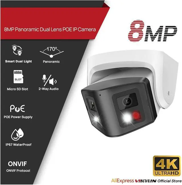 Alt view image 2 of 7 - 8MP Panoramic POE Security Camera, Dual Light Two-Way Talk IP66 Waterproof Onvif Surveillance Cam