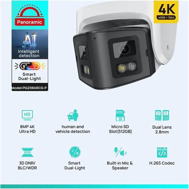 Alt view image 3 of 7 - 8MP Panoramic POE Security Camera, Dual Light Two-Way Talk IP66 Waterproof Onvif Surveillance Cam