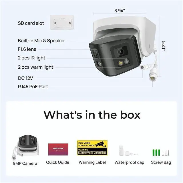Alt view image 7 of 7 - 8MP Panoramic POE Security Camera, Dual Light Two-Way Talk IP66 Waterproof Onvif Surveillance Cam