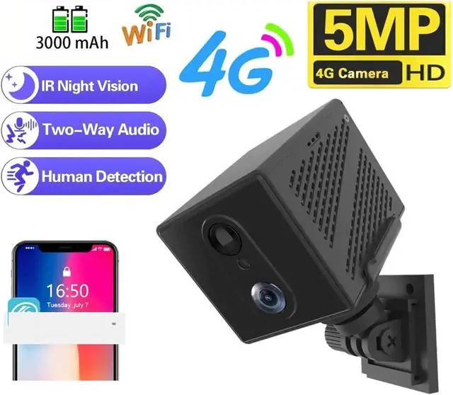 Alt view image 2 of 7 - 64GB 4G SIM Card Mini Camera 5MP 3000mAh Battery WiFi Night Vision Motion Detection CCTV Two-Way Voice IP Camera(WiFi Add 32GB Card)