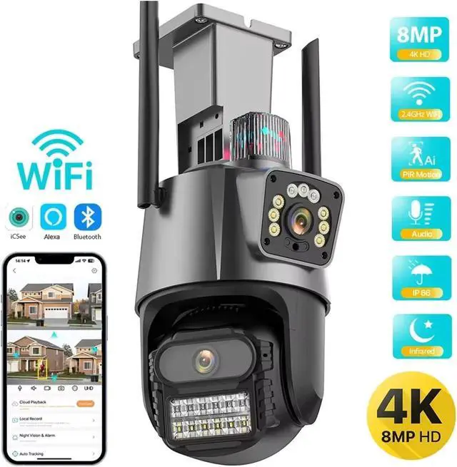 Alt view image 4 of 6 - 8MP 6K Outdoor WiFi PTZ Security Camera, Three Lens 8X Zoom Auto Tracking Surveillance Cam(UK Plug,8MP with 128G Card)
