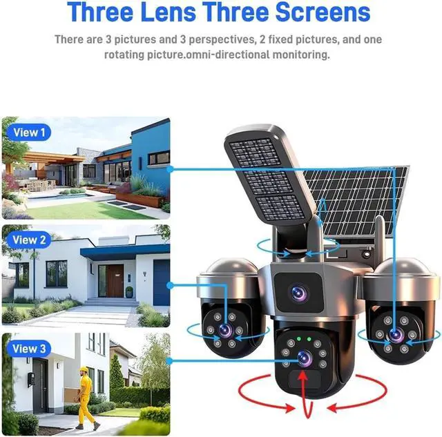 Alt view image 5 of 7 - Solar Powered PTZ Security Camera, 8K 15MP 3-Lens 3-Screen WiFi 4G Outdoor IP Cam with AI Tracking & Solar Light