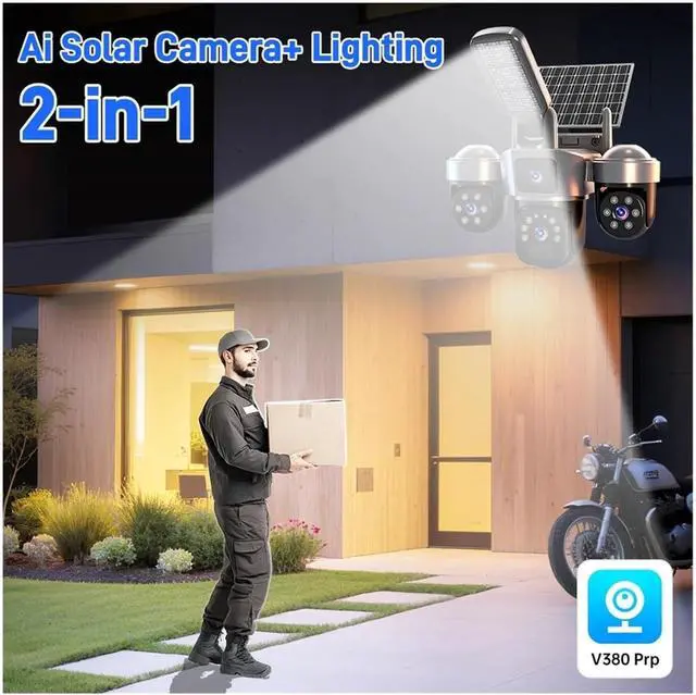 Alt view image 6 of 7 - Solar Powered PTZ Security Camera, 8K 15MP 3-Lens 3-Screen WiFi 4G Outdoor IP Cam with AI Tracking & Solar Light