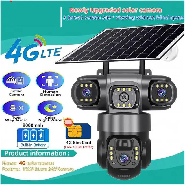 Alt view image 3 of 7 - Solar Camera 4G Sim Outdoor 3 Lens 3 Screen 10X Zoom PIR Human Detect Cameras Waterproof Night Vision CCTV Security Protection(4G Camera 32)