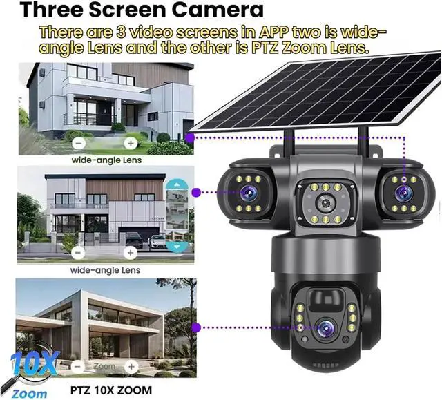 Alt view image 4 of 7 - Solar Camera 4G Sim Outdoor 3 Lens 3 Screen 10X Zoom PIR Human Detect Cameras Waterproof Night Vision CCTV Security Protection(4G Camera 32)