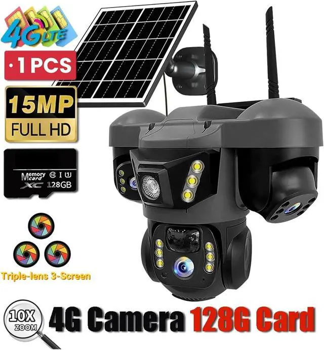 Alt view image 2 of 7 - Solar 4G IP Camera with Card 15MP Three Lens Three Screen Monitor Night Vision Security Protection PTZ Video Surveillance(4G Cam 128G Card)