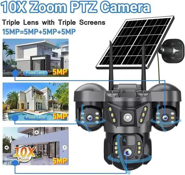Alt view image 4 of 7 - Solar 4G IP Camera with Card 15MP Three Lens Three Screen Monitor Night Vision Security Protection PTZ Video Surveillance(4G Cam 128G Card)