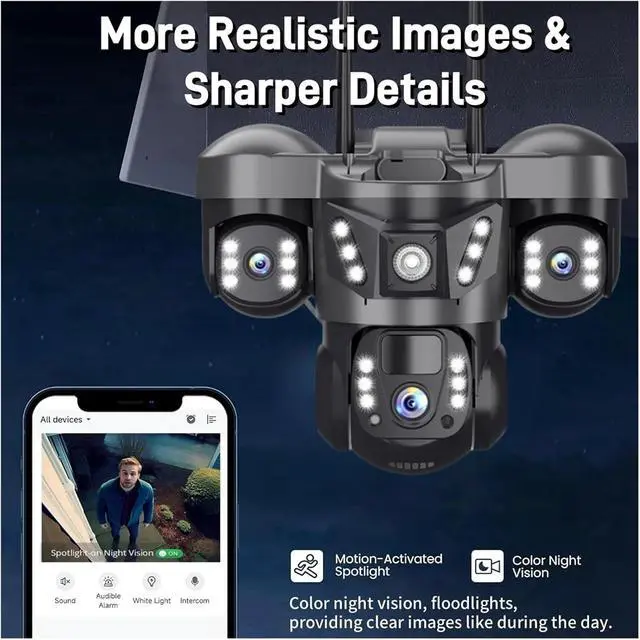 Alt view image 5 of 7 - Solar 4G IP Camera with Card 15MP Three Lens Three Screen Monitor Night Vision Security Protection PTZ Video Surveillance(4G Cam 128G Card)