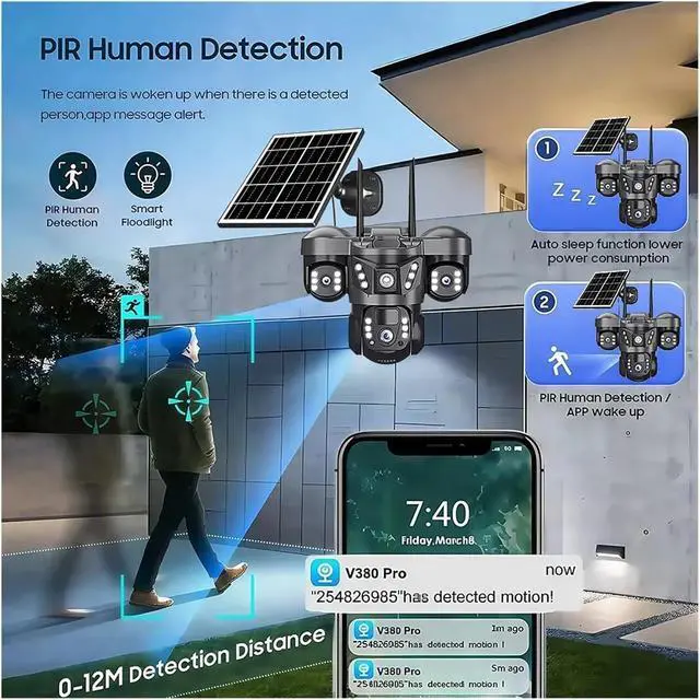 Alt view image 3 of 7 - Solar 4G IP Camera with Card 15MP Three Lens Three Screen Monitor Night Vision Security Protection PTZ Video Surveillance(4G Cam 128G Card)