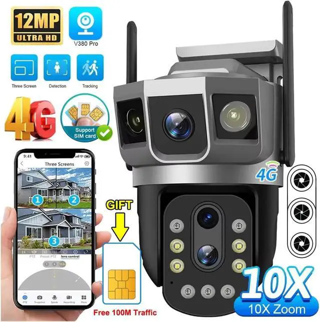 Alt view image 3 of 7 - 4G IP Camera with 4G Sim Card 12MP 6K Triple Screens Optical Zoom PTZ Motion Detect Color Night Vision V380 Pro Security Monitor(EU Plug,Camera 64GB Card)