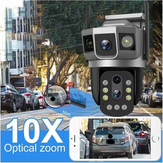 Alt view image 6 of 7 - 4G IP Camera with 4G Sim Card 12MP 6K Triple Screens Optical Zoom PTZ Motion Detect Color Night Vision V380 Pro Security Monitor(EU Plug,Camera 64GB Card)