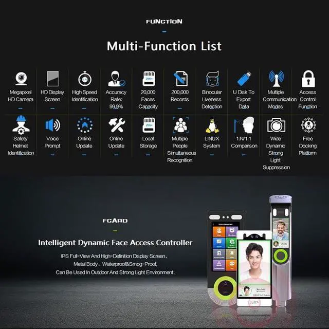 Alt view image 3 of 7 - FCARD FC-8100T 5-inch Screen, IP65 Waterproof, Dynamic Facial Recognition+IC Card Access Control AttendanceTerminal