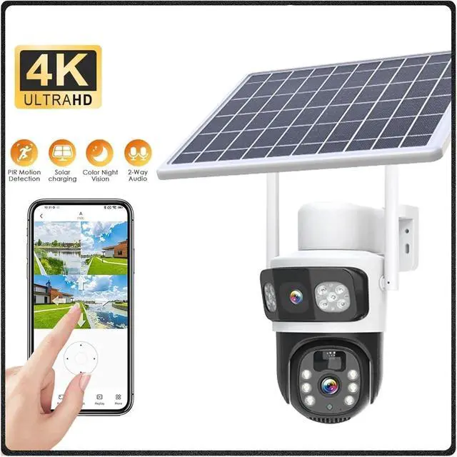 Alt view image 3 of 7 - 4K 8MP Dual Lens WiFi Solar Camera Dual Screen Battery PIR Human Detection Outdoor 4MP PTZ Security IP Camera(4K WiFi Add 64G)