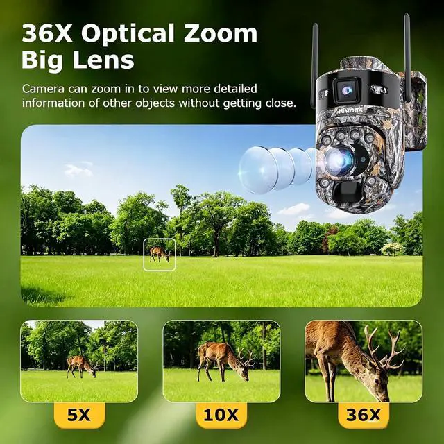 Alt view image 3 of 7 - SHIWOJIA Wireless Outdoor Solar Security Camera, 10MP 36X Optical Zoom, Camouflage Hidden Design, 4G LTE Network, AOV Low Power Standby, Full Color Night Vision, IP66 Waterproof, AI Human Detection