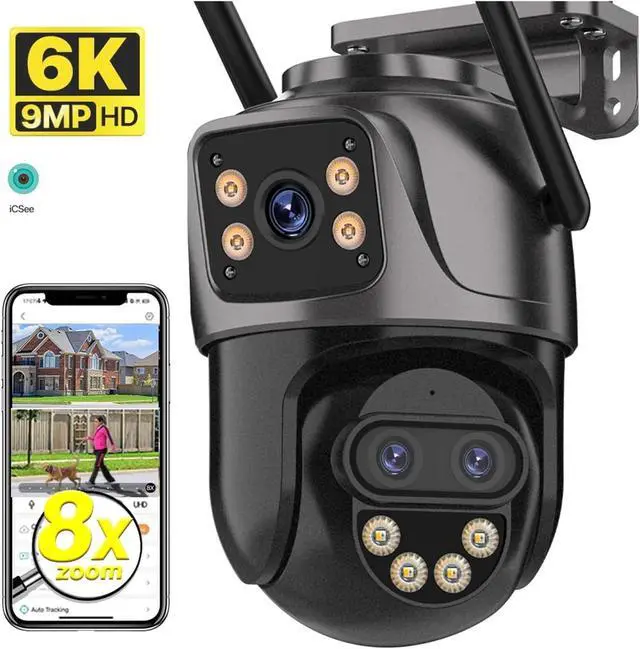 Alt view image 3 of 7 - IP Camera 6K 9MP HD WiFi Outdoor Camera 8X Zoom Three Lens Dual Screen Home Security PTZ Camera 6MP Video Surveillance ICSee(EU Plug,6K Add 64G)