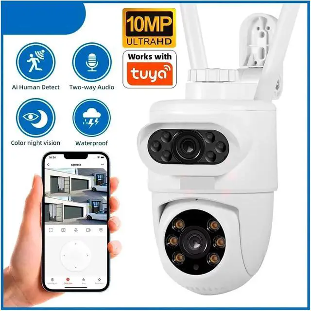Alt view image 2 of 7 - Outdoor 10MP 5K HD Dual Lens WiFi IP Camera PTZ Home Security CCTV Video Surveillance Human Detection Use Tuya(US Plug,5K Dual Lens Camera)