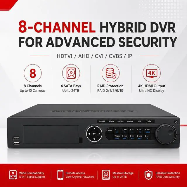 Alt view image 2 of 7 - DS-7308HUHI-F4/N 8 Channel Hybrid DVR Recorder, Supports TVI/AHD/CVI/CVBS/IP Security Cameras, Up to 10 Channels, 4 SATA Bays (24TB Max), 4K HDMI Output, Dual Gigabit LAN, H.264+,No Hard Drive