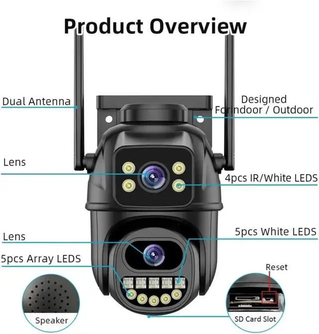 Alt view image 2 of 7 - 4K 8MP WiFi Surveillance Camera,AI Human Detect, Dual Lens, 4X Digital Zoom, Outdoor Security PTZ IP Cameras(UK Plug,8MP NO SD Card)
