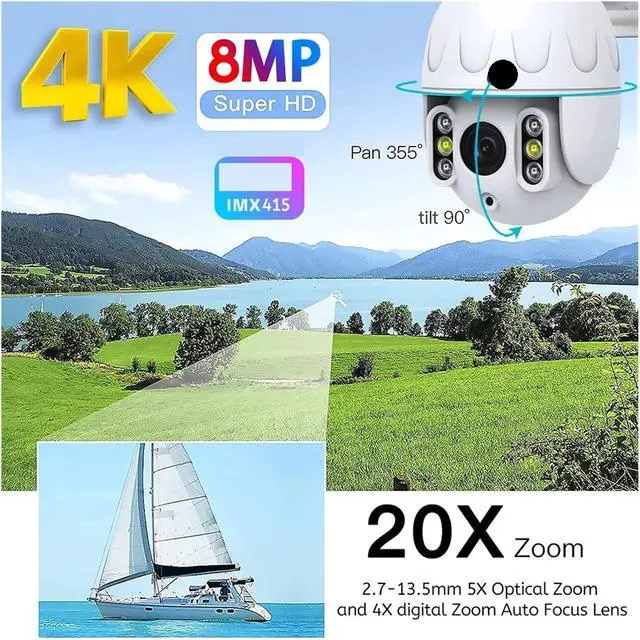 Alt view image 2 of 6 - 4K 8MP WiFi Surveillance Camera Outdoor 5X Optical Zoom Humanoid Tracking Speed Dome PTZ Camera Color Night IP Camera(AU Plug_4K 8MP X 64G Card)
