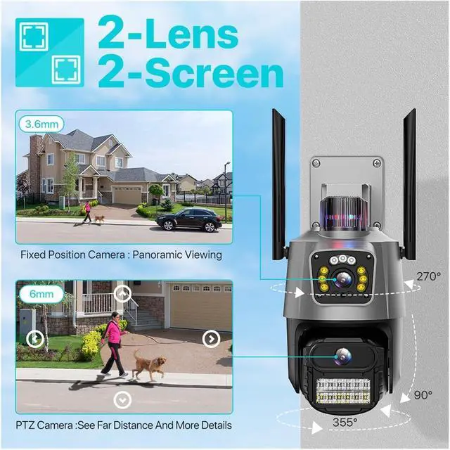 Alt view image 2 of 6 - WiFi PTZ Camera 4K 8MP HD Dual-Lens Dual Screen Camera AI Auto Tracking 4MP Video Surveillance Police Light Alarm ICSee(EU Plug)