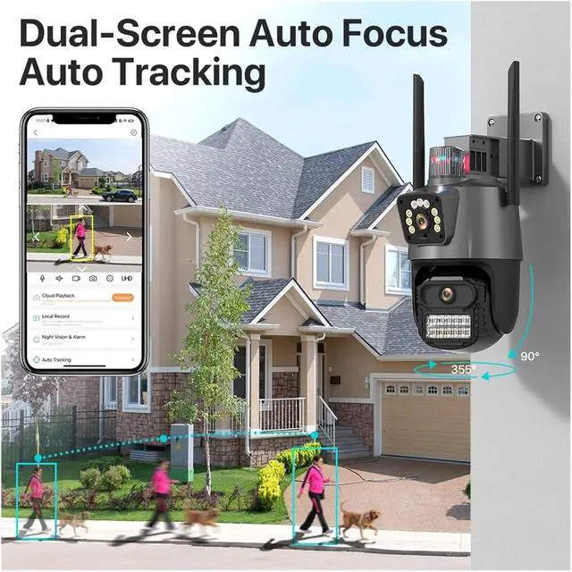 Alt view image 3 of 6 - WiFi PTZ Camera 4K 8MP HD Dual-Lens Dual Screen Camera AI Auto Tracking 4MP Video Surveillance Police Light Alarm ICSee(EU Plug)