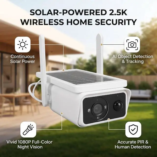 Alt view image 6 of 7 - Solar Security Camera, ABS Solar WiFi Home Security Camera, 3MP 2.5K PTZ AI Human Vehicle Detection, Color Night Vision, IP66 Outdoor Monitoring for Home Yard Garage