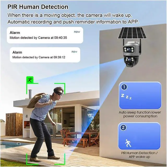 Alt view image 7 of 7 - V380 Dual Lens 4G Camera Solar PIR Human Detection Night Vision Waterproof Security Video IP Camara 8MP 4K Battery CCTV Monitor(4G Cam 32GB Card)