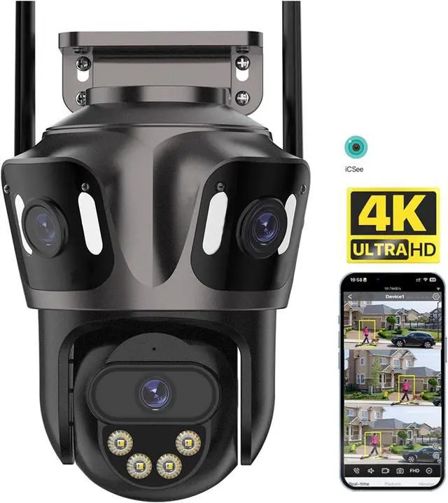Alt view image 2 of 7 - Three Screen WiFi IP Camera Outdoor 4K Dual Lens PTZ Camera Ai Human Detection IP66 Waterproof CCTV Video Security Camera ICsee(UK Plug,3 Lens No Card)