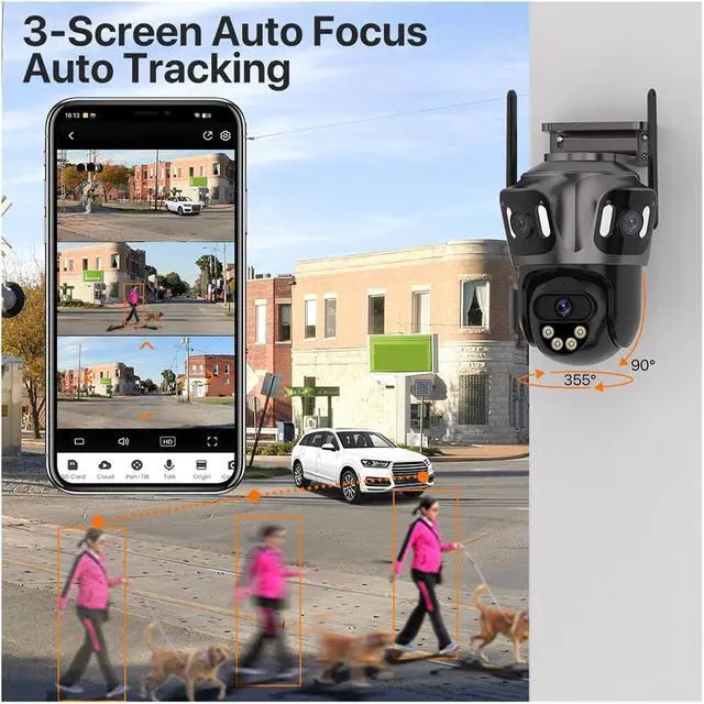 Alt view image 4 of 7 - Three Screen WiFi IP Camera Outdoor 4K Dual Lens PTZ Camera Ai Human Detection IP66 Waterproof CCTV Video Security Camera ICsee(UK Plug,3 Lens No Card)
