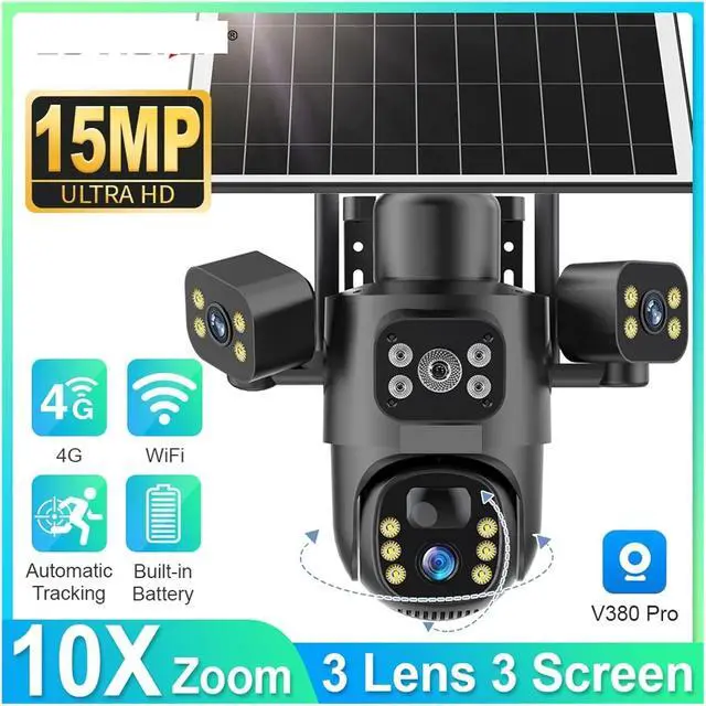 Alt view image 2 of 6 - 4G / WiFi Solar Camera 3Lenses Outdoor 15MP 4K Low Power Battery IP Camera PIR Night Vision V380 Pro CCTV Security(4G 10XZoom Add 64G)